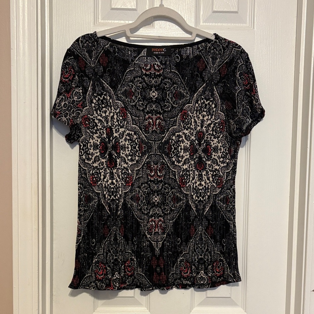 Renee C. Black and Red Ornate Short Sleeve Top